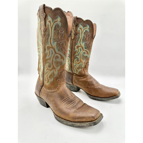 Justin Boots Brown and Teal Heeled Boots - Picture 1 of 8